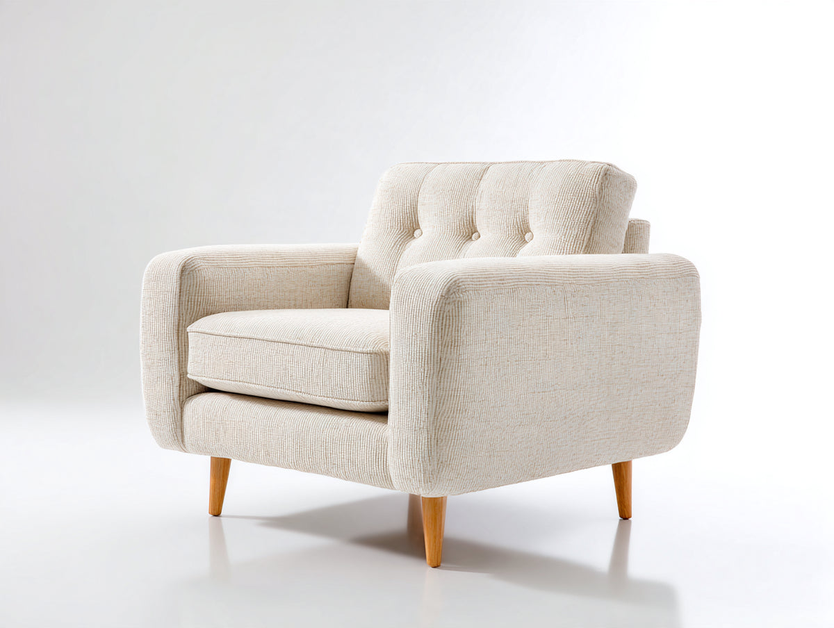 Sillón de tejido texturizado 90 x 85 x 82 cm - beige y madera natural - diseño moderno con respaldo capitoné