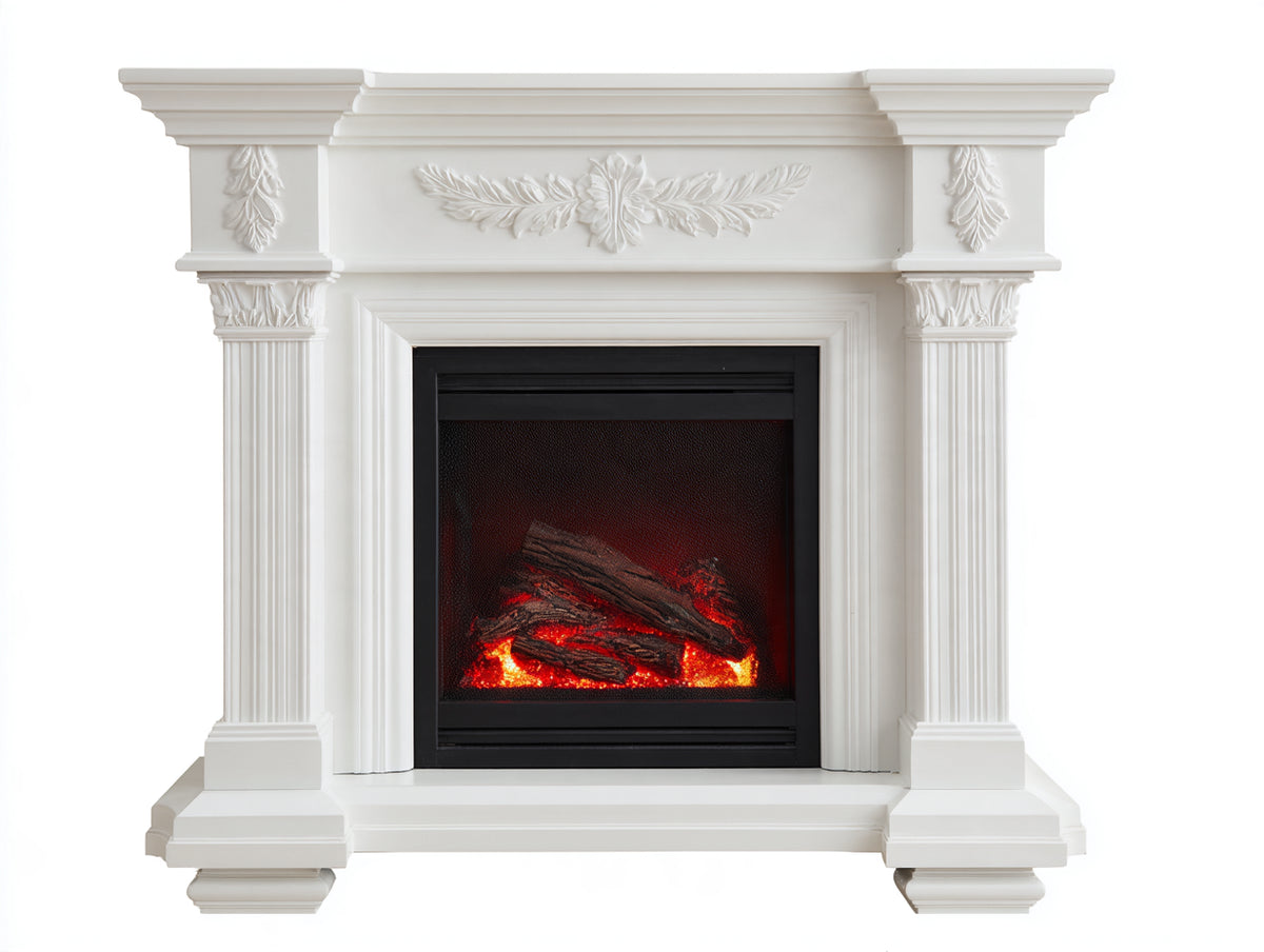 Chimenea eléctrica 115x35x105 cm - blanco-negro - efecto de leños y brasas - diseño clásico con relieves decorativos