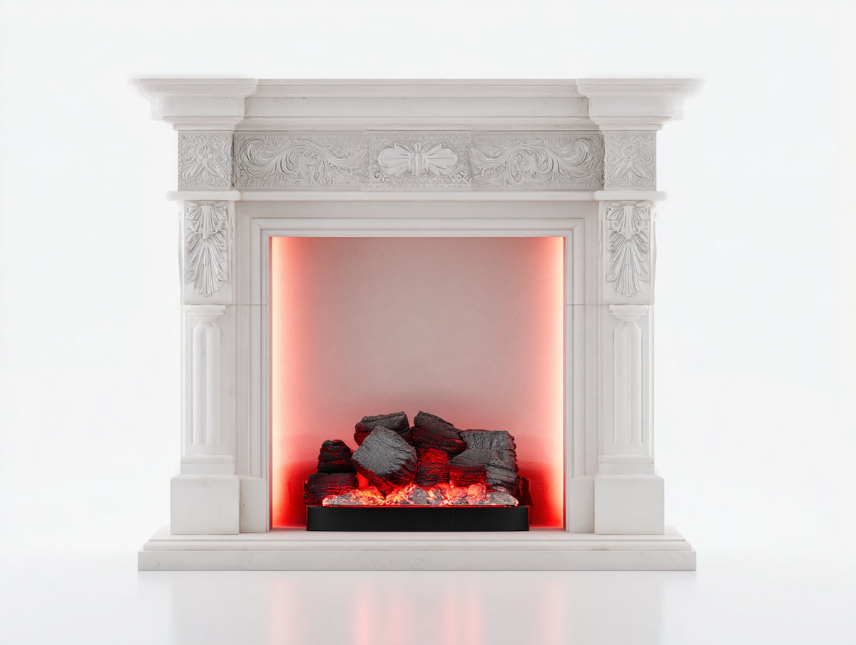 Chimenea eléctrica 135 x 35 x 115 cm - blanco - efecto de brasas con diseño clásico ornamentado