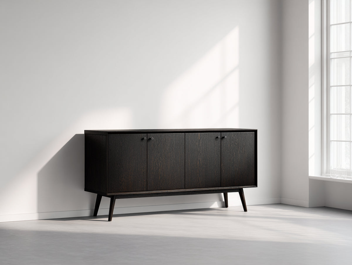 Mueble recibidor de madera 140x40x75 cm - Marrón oscuro - 4 puertas y diseño moderno