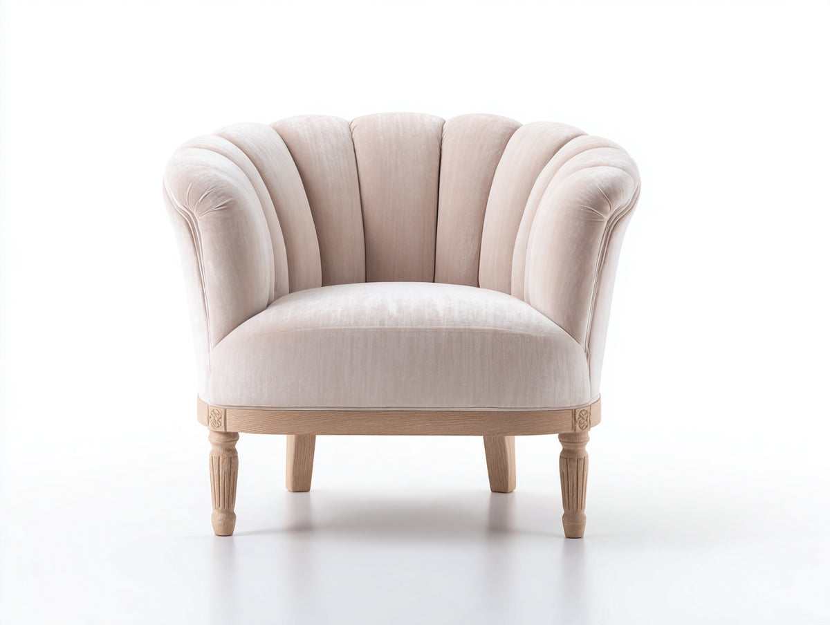 Sillón de terciopelo 88 x 80 x 86 cm - beige claro - respaldo de concha y patas de madera tallada