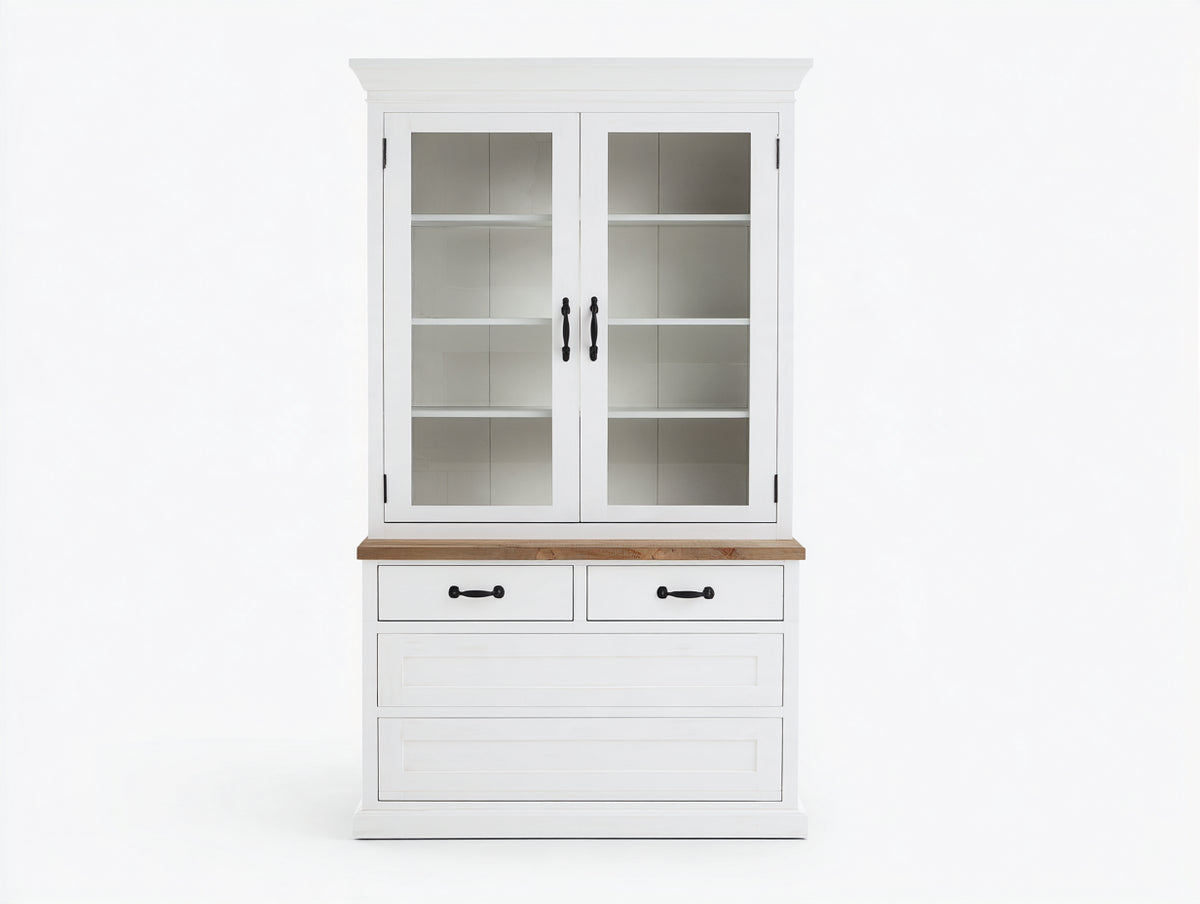 Librería 100 x 40 x 190 cm - blanco y madera natural - 2 puertas acristaladas y 4 cajones para salón