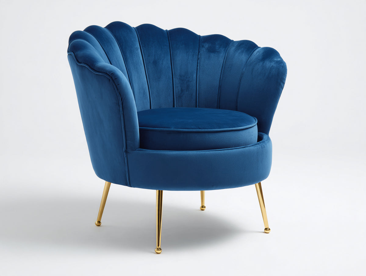 Sillón de terciopelo 90 x 80 x 85 cm - azul y dorado - respaldo envolvente estilo concha