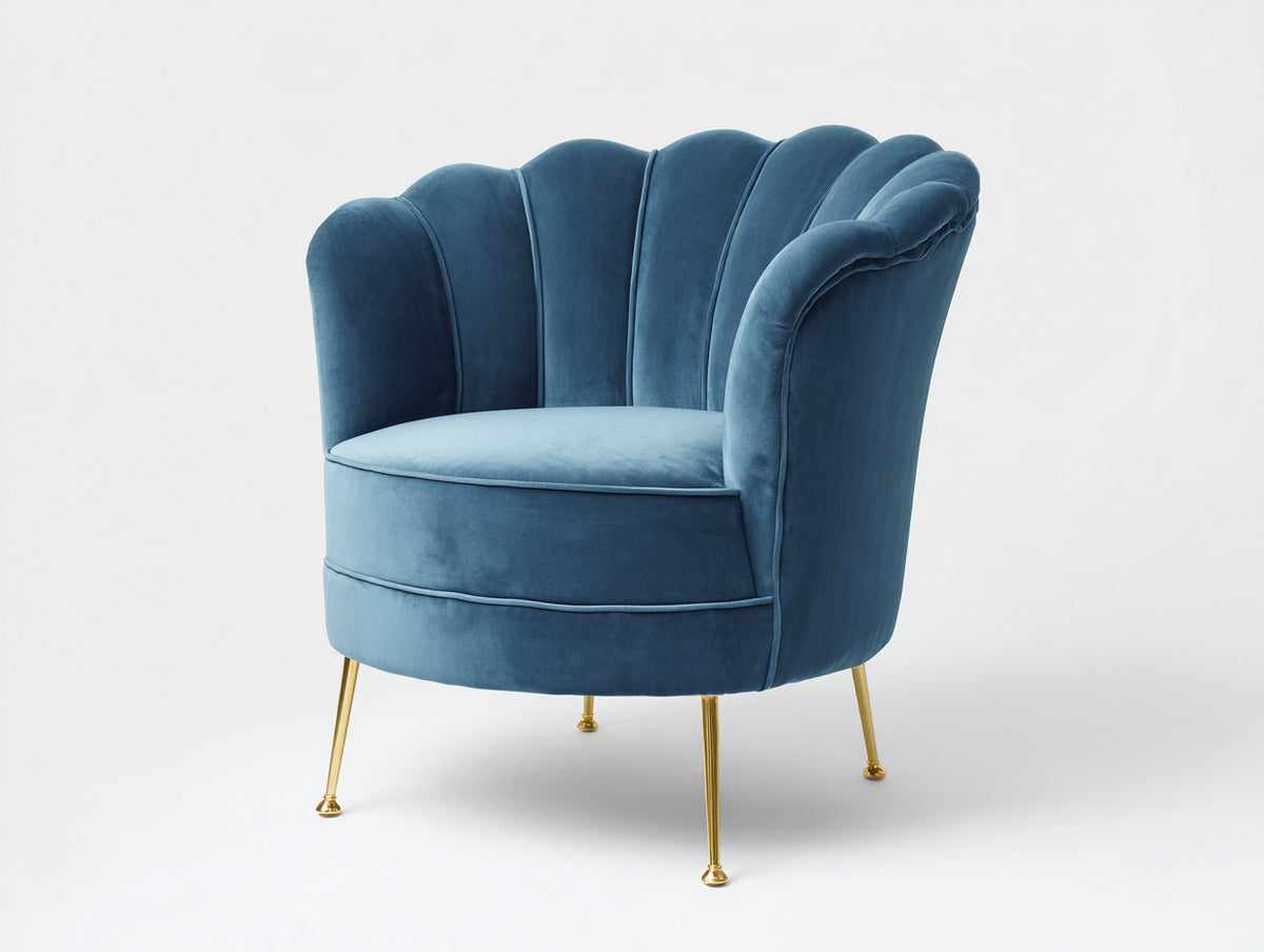 Sillón de terciopelo 85 x 78 x 85 cm - azul - respaldo con diseño de concha y patas doradas