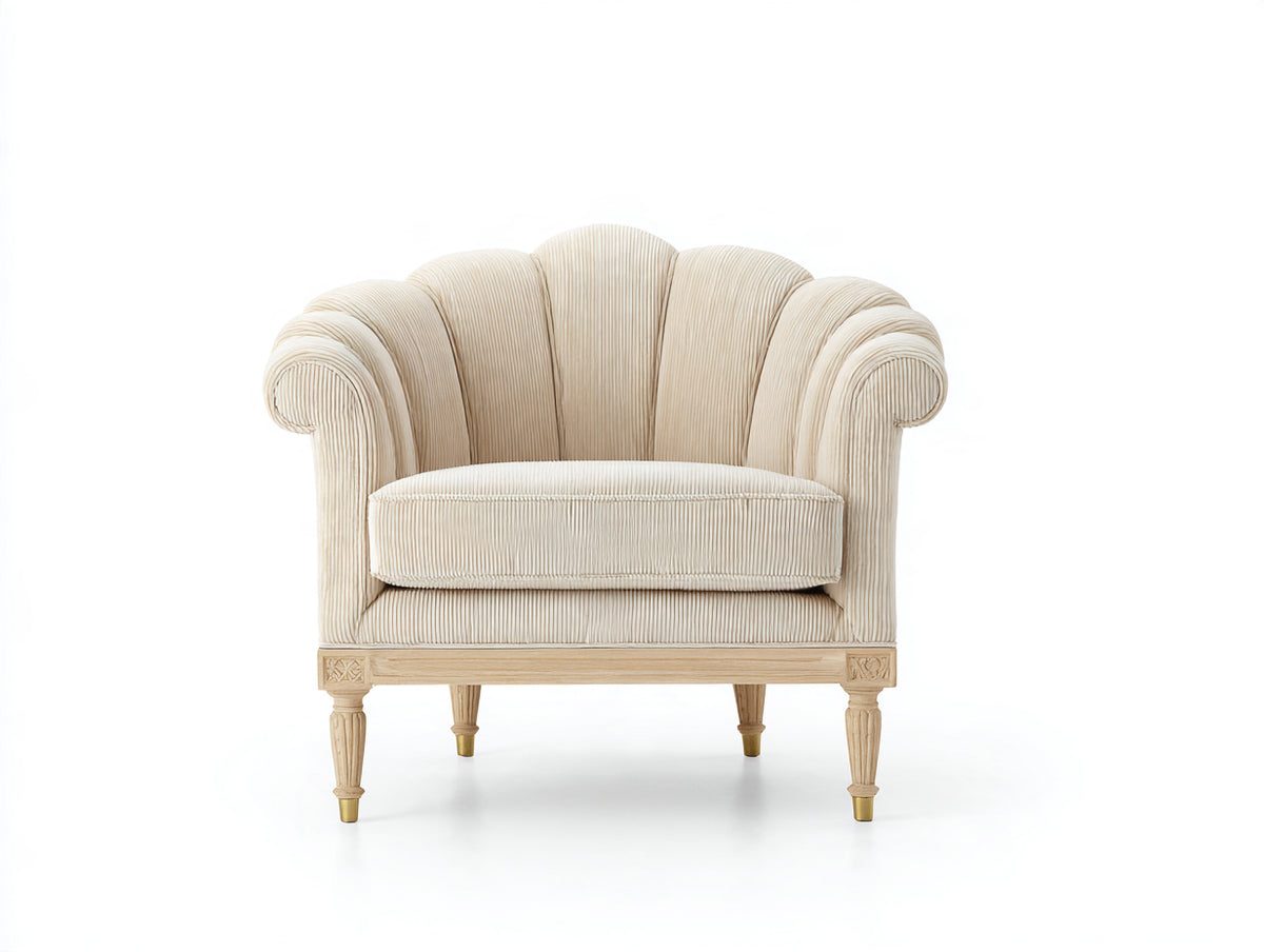 Sillón tapizado 90x85x92 cm - beige-marrón - respaldo envolvente acanalado - diseño clásico elegante
