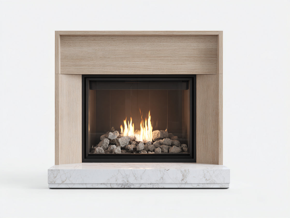 Chimenea eléctrica 120x35x100 cm - marrón-blanco - efecto de llama y piedras - diseño moderno con acabado tipo madera y mármol