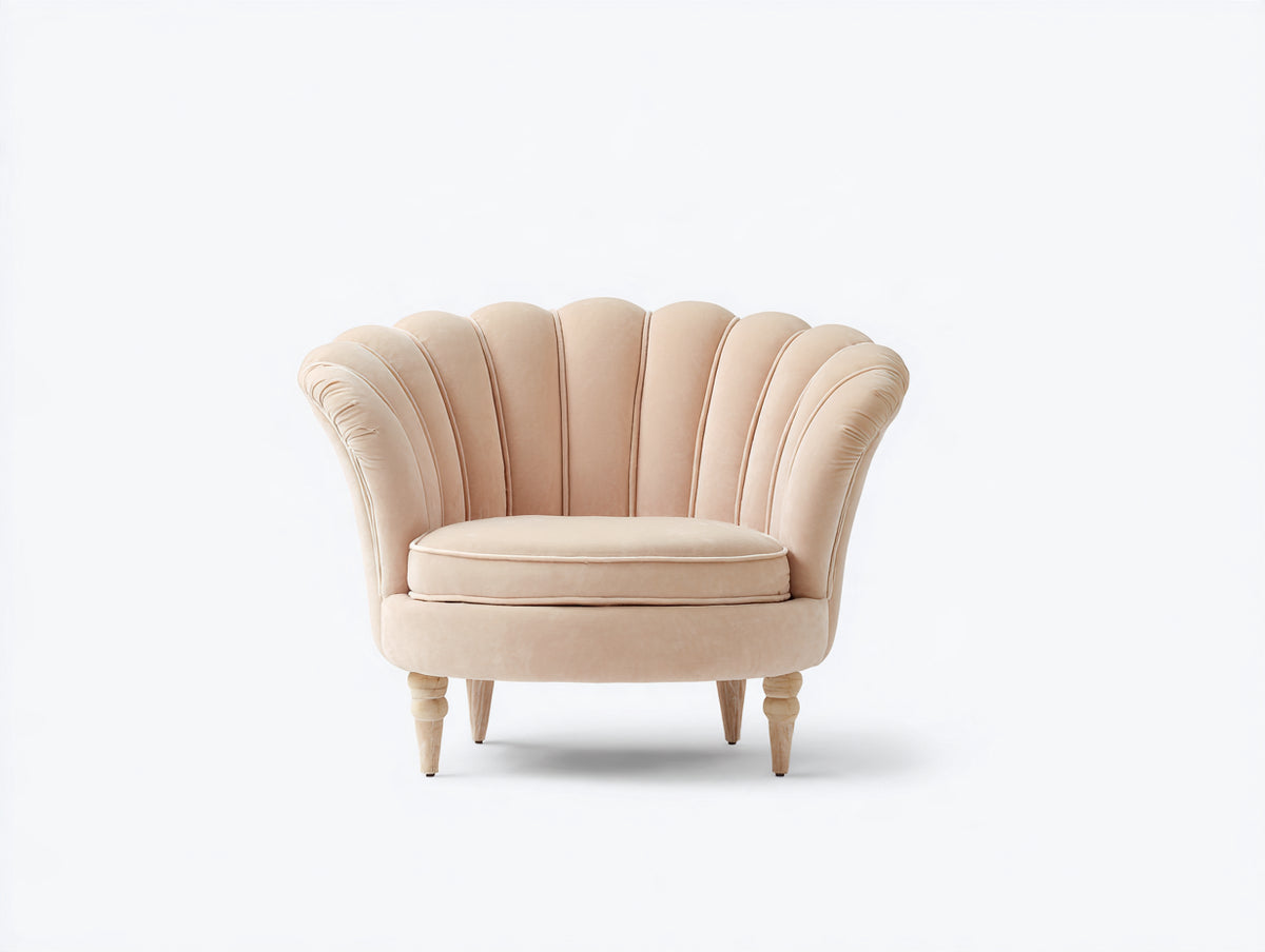 Sillón de terciopelo 90 x 80 x 88 cm - beige - respaldo de concha y patas de madera